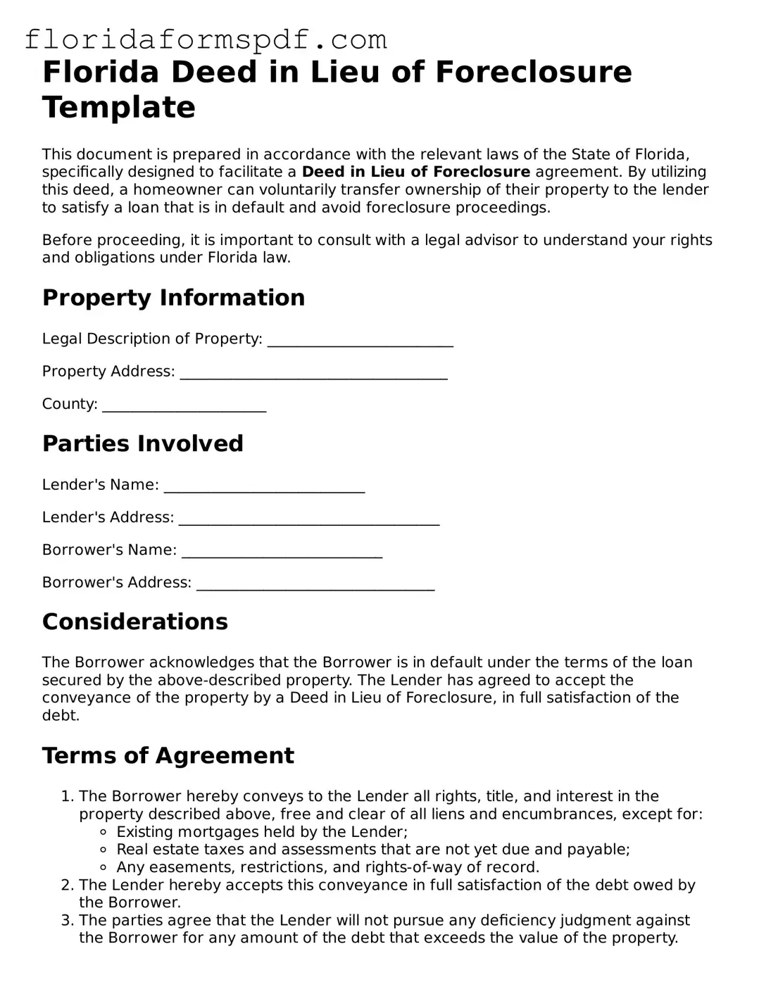 Free  Deed in Lieu of Foreclosure Template for Florida