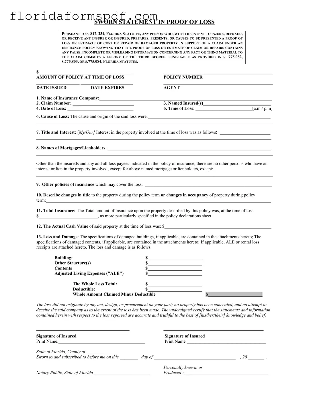 Fill Out a Valid Florida Proof Loss Template