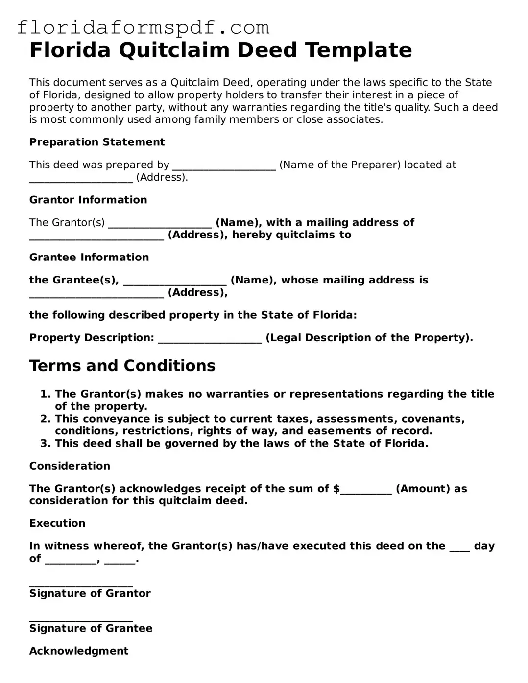 Free  Quitclaim Deed Template for Florida