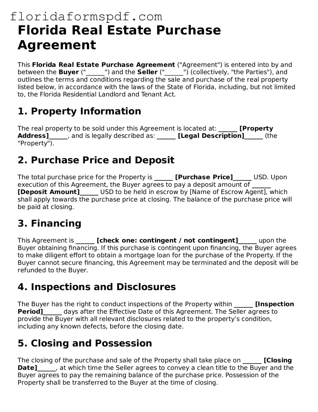 Free  Real Estate Purchase Agreement Template for Florida
