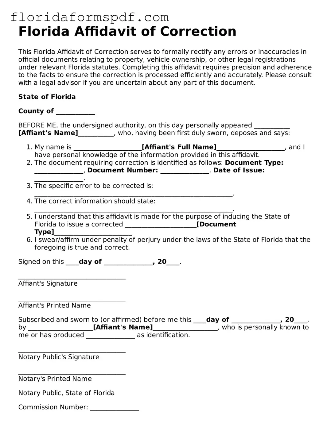 Free  Affidavit of Correction Template for Florida