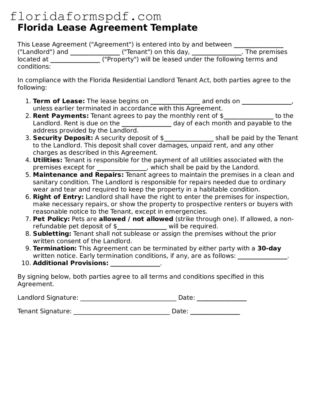 Free  Lease Agreement Template for Florida