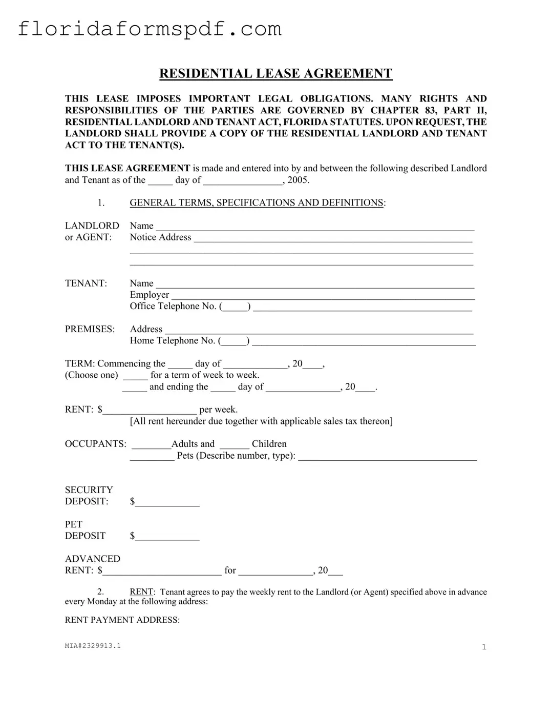Fill Out a Valid Florida Residential Agreement Template