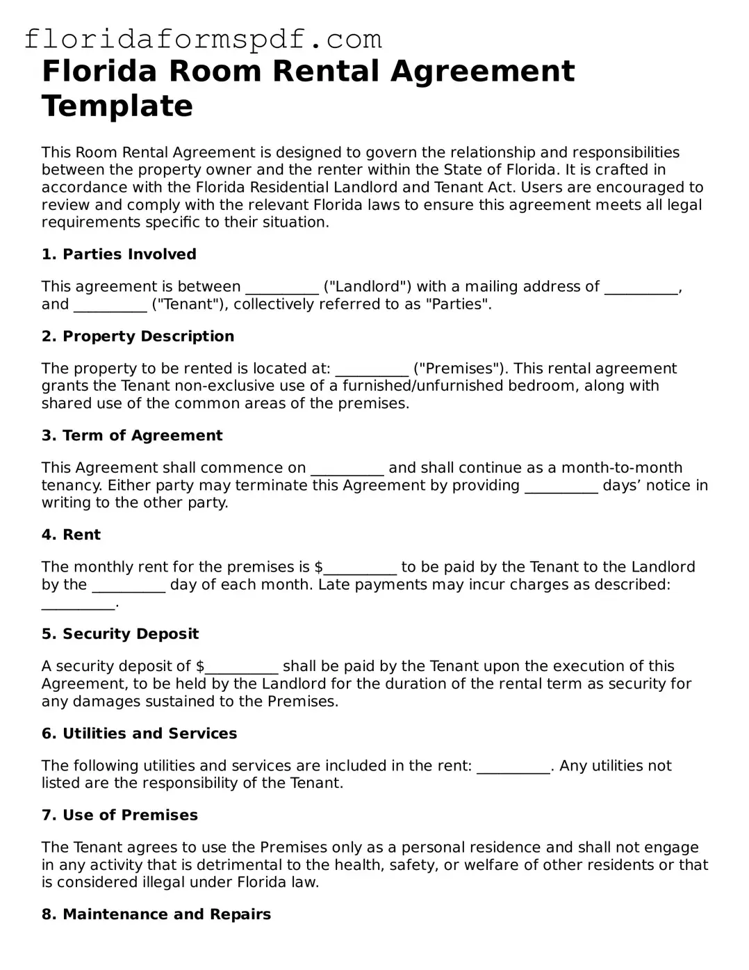 Free  Room Rental Agreement Template for Florida