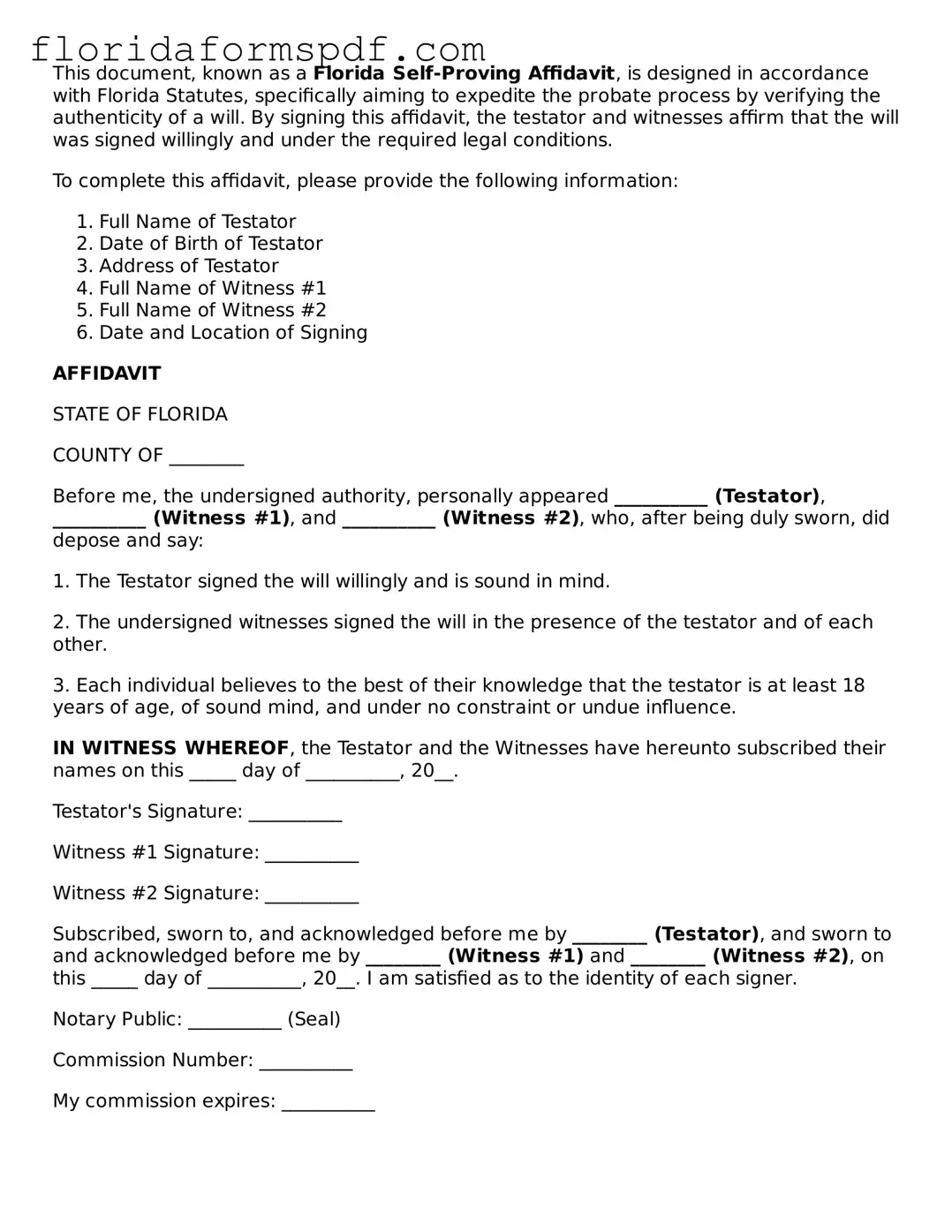 Free  Self-Proving Affidavit Template for Florida