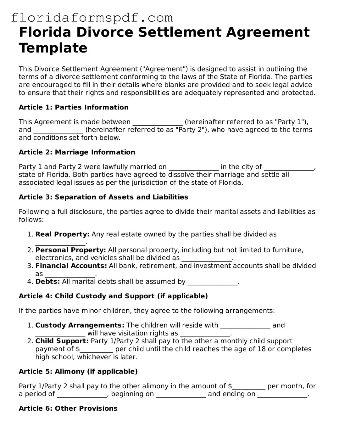 Free  Divorce Settlement Agreement Template for Florida