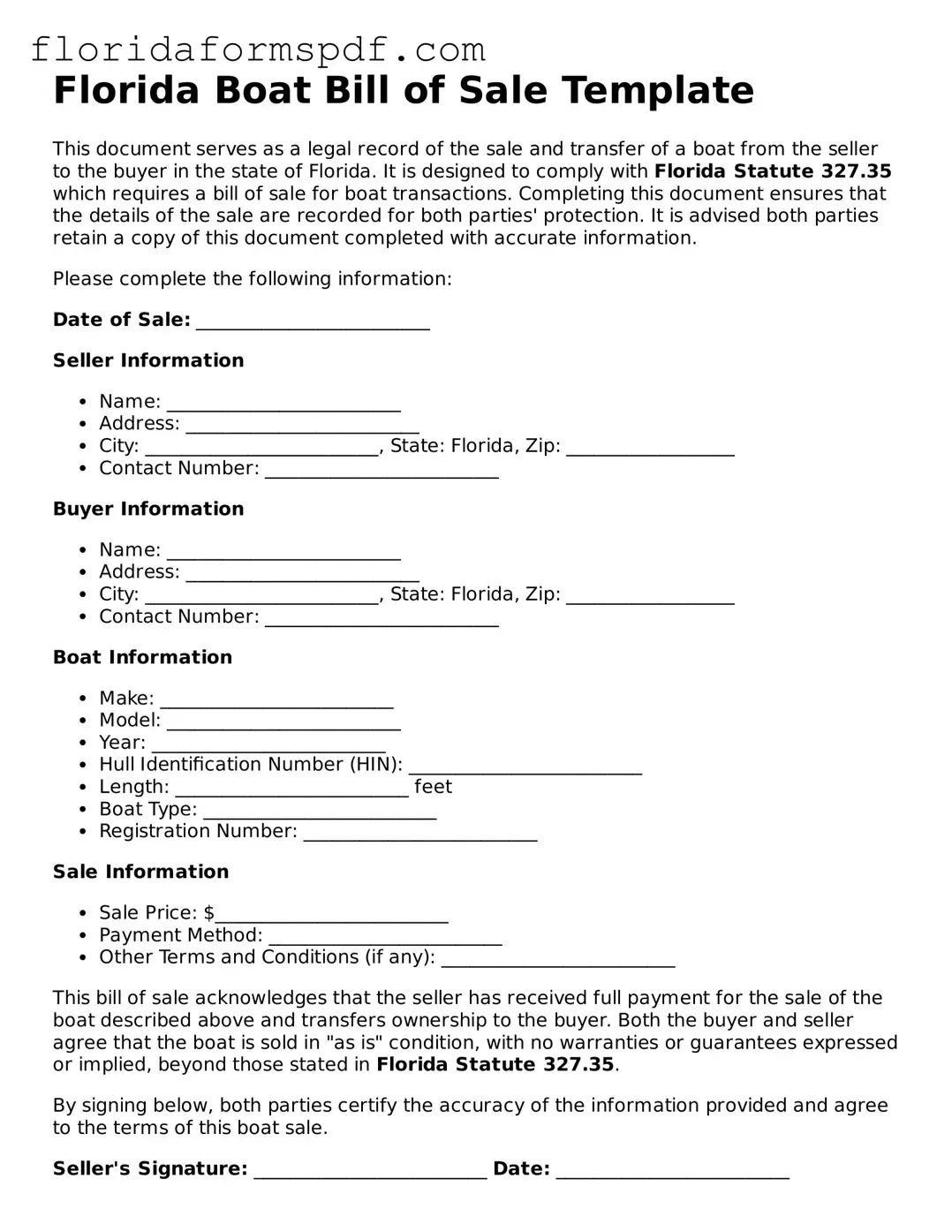 Free  Boat Bill of Sale Template for Florida