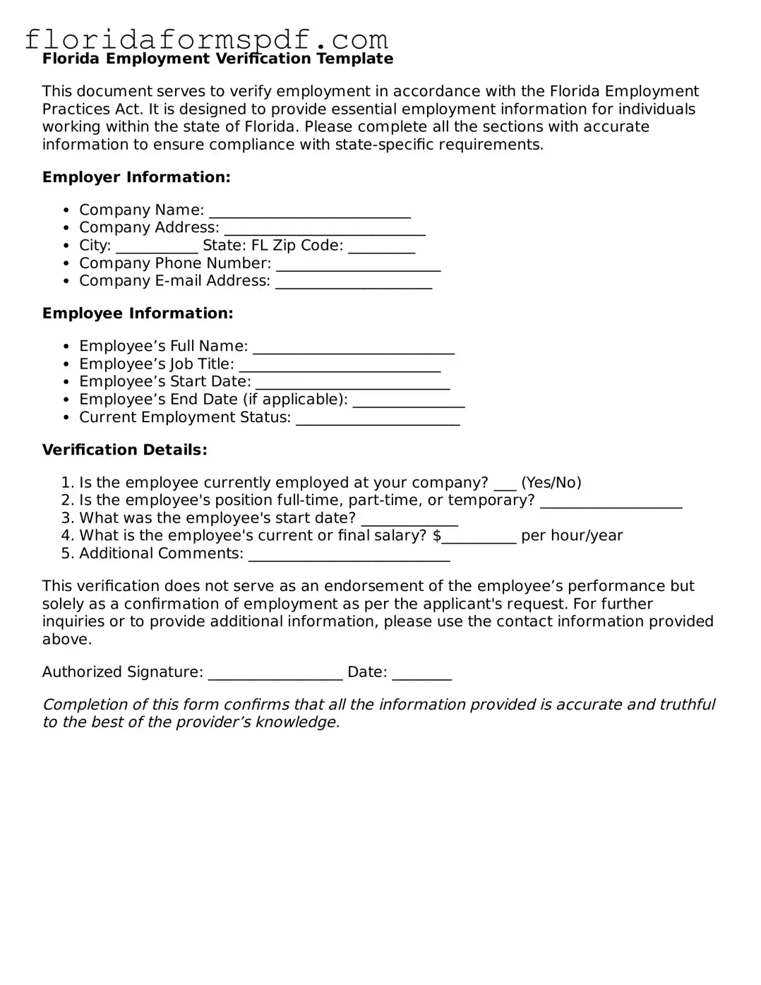 Free  Employment Verification Template for Florida