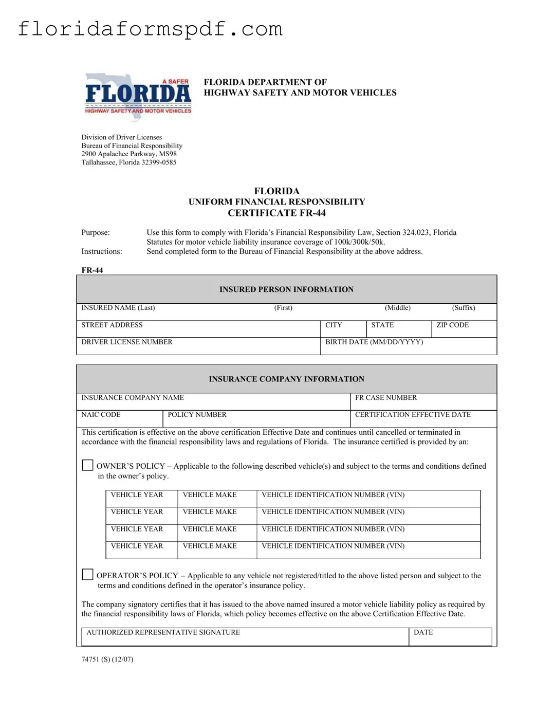 Fill Out a Valid Fr44 Florida Template