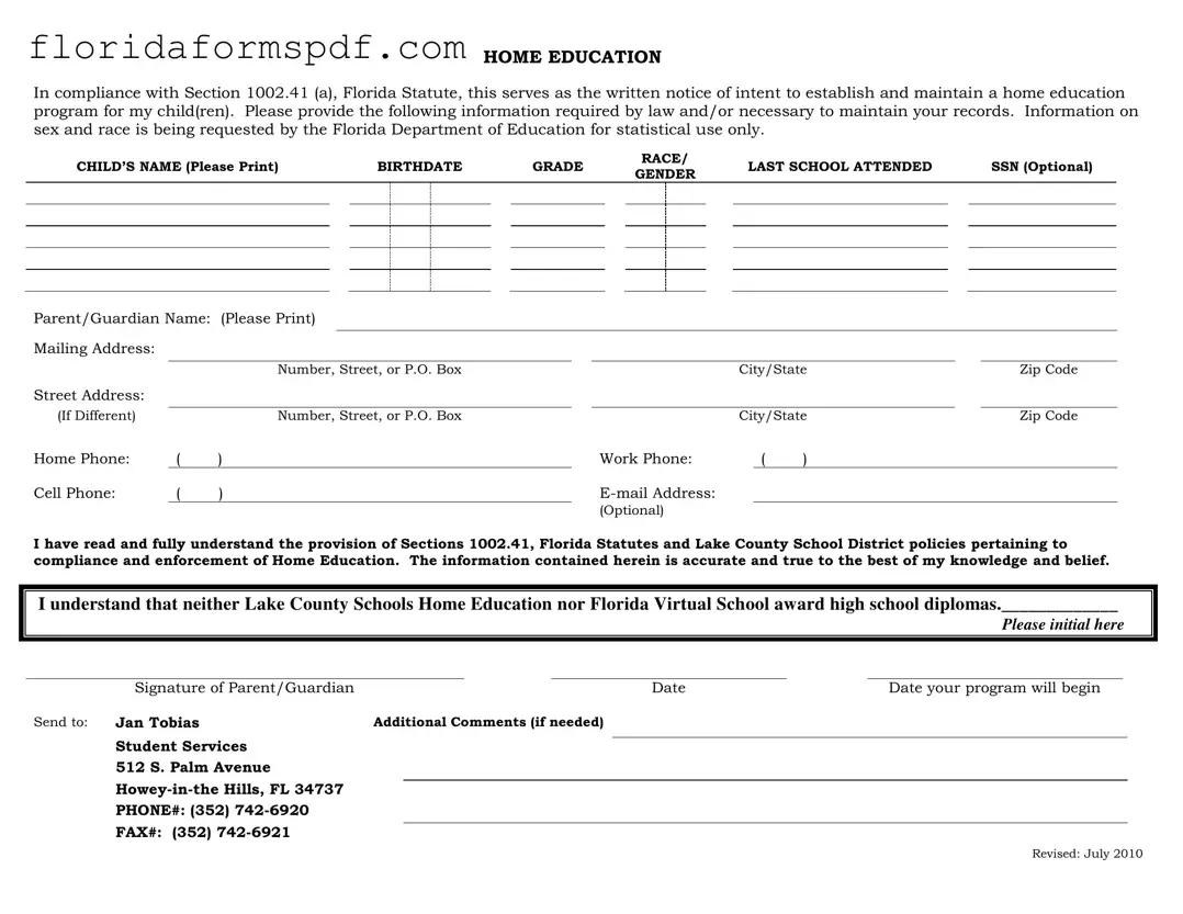 Fill Out a Valid Intent To Homeschool Florida Template