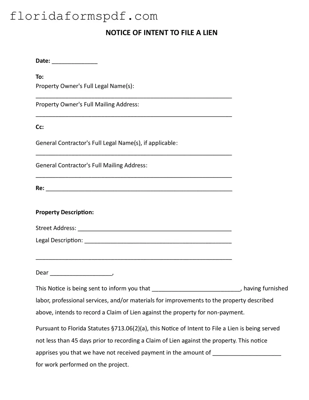 Fill Out a Valid Intent To Lien Florida Template