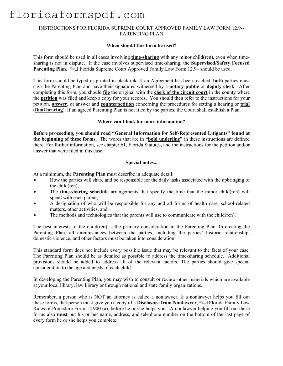 Fill Out a Valid Parenting Plan Examples Florida Template