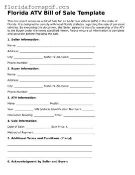 Free  ATV Bill of Sale Template for Florida