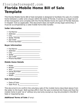 Free  Mobile Home Bill of Sale Template for Florida