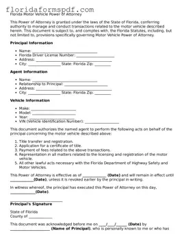 Free  Motor Vehicle Power of Attorney Template for Florida
