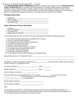 Free  Durable Power of Attorney Template for Florida