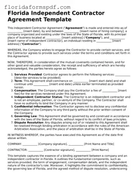 Free  Independent Contractor Agreement Template for Florida