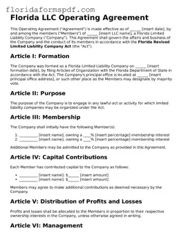 Free  Operating Agreement Template for Florida