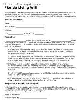 Free  Living Will Template for Florida