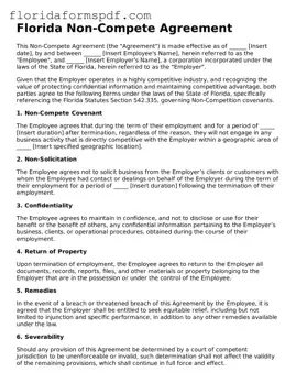 Free  Non-compete Agreement Template for Florida