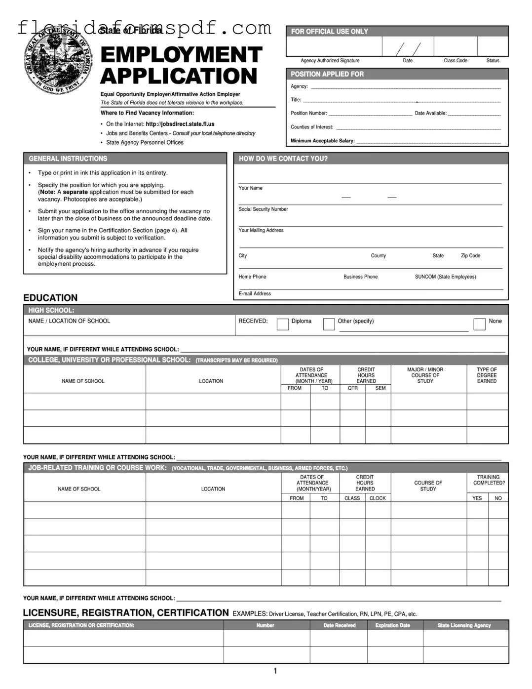 Fill Out a Valid State Florida Employment Application Template